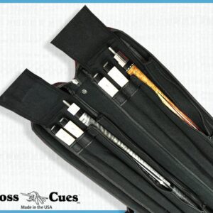 Open case showing multiple pool cues