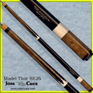 Pool cue with wood finish and logo