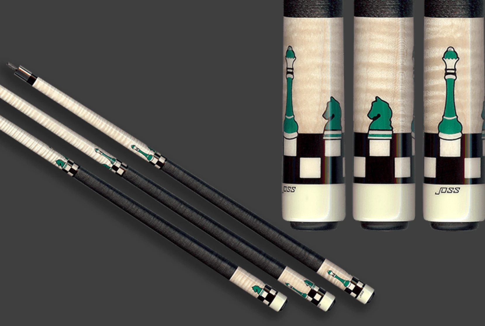 Billiard cues featuring chess motifs
