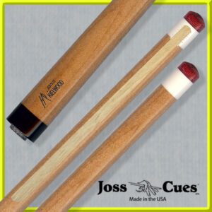 Two wooden pool cues with red tips.